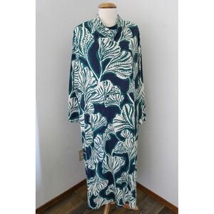 Pure by Ulla Popken Maxi Dress Womens Plus 20/22 Blue Ginkgo Leaf Cowl Neck